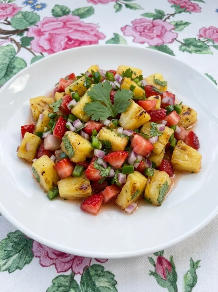 Strawberry Pineapple Salsa served on a white plate with charred pineapple strawberries lime and cilantro.
