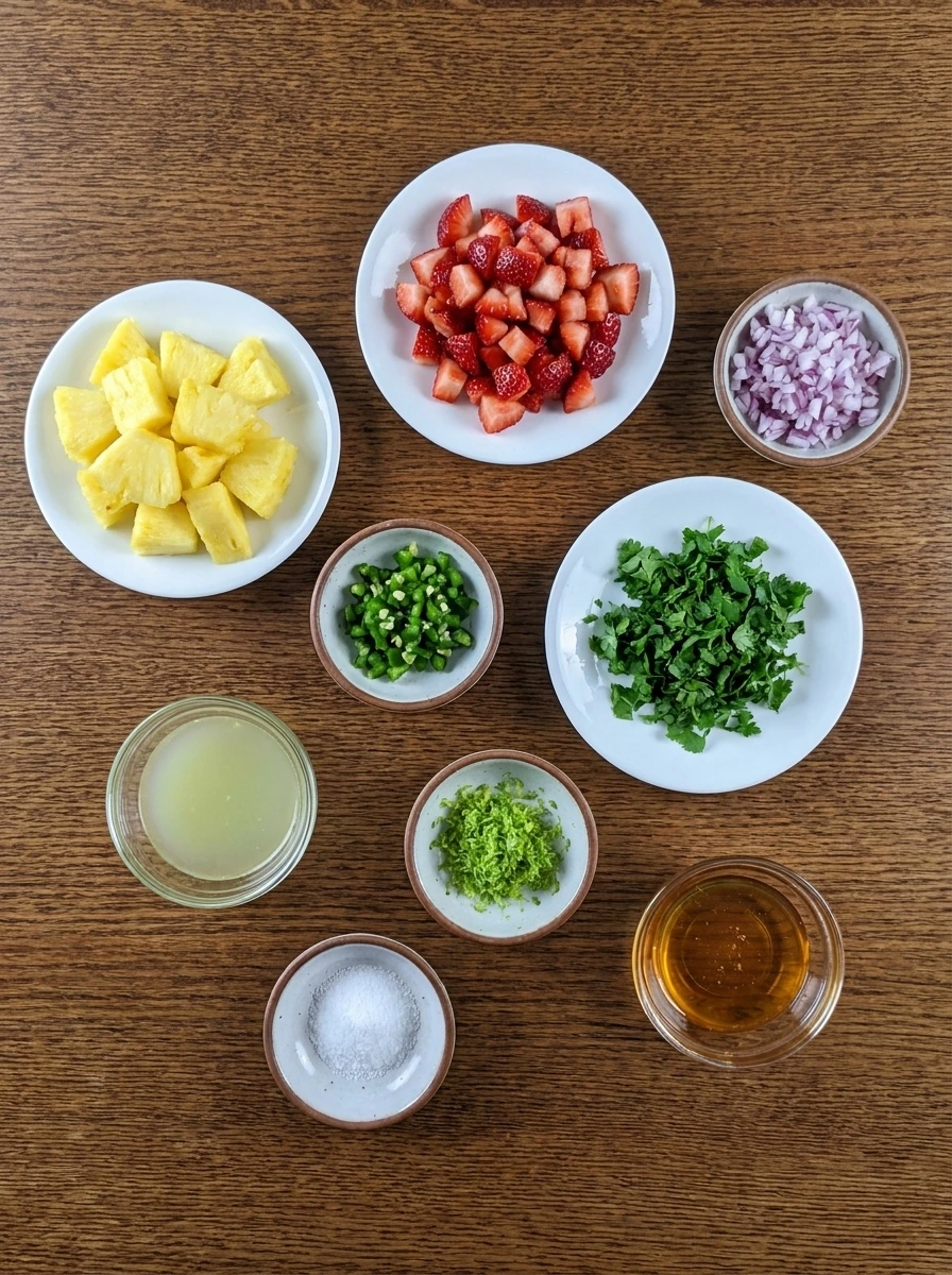 Ingredients for Strawberry Pineapple Salsa in separate small containers.