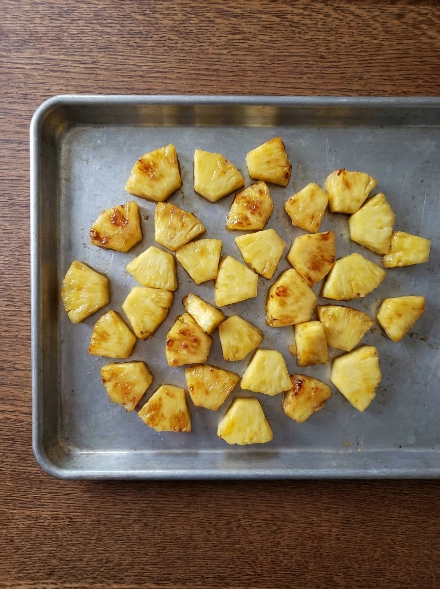 Lightly charred pineapple pieces for Strawberry Pineapple Salsa.