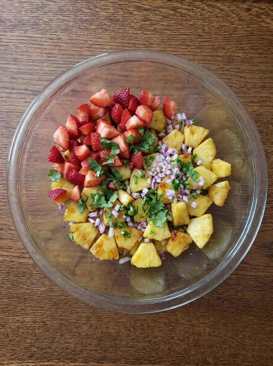Pineapple with strawberries onion jalapeno and cilantro in a bowl.