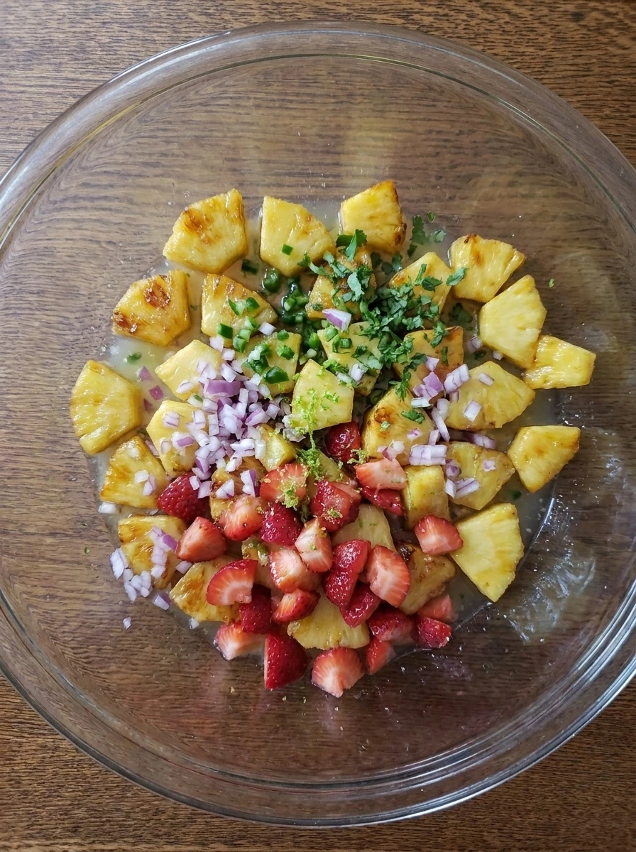 Lime dressing poured over fruit for Strawberry Pineapple Salsa.