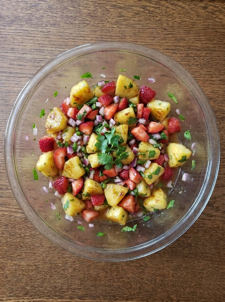 Strawberry Pineapple Salsa folded together in a bowl.