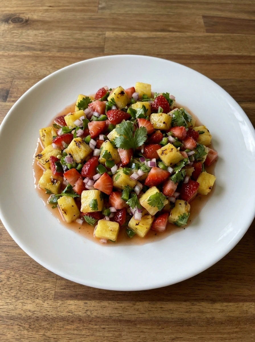 Finished Strawberry Pineapple Salsa plated and ready to serve.