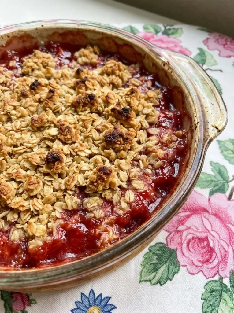 Strawberry Rhubarb Crumble with golden oat topping and bubbling fruit
