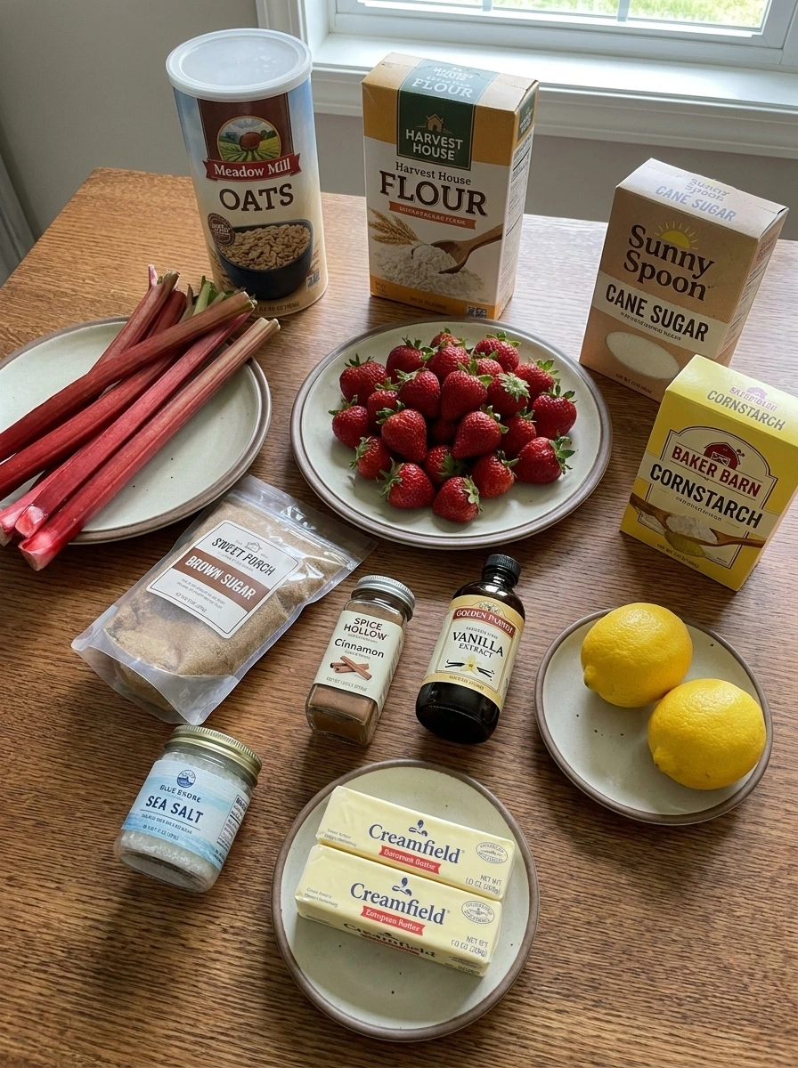Ingredients for Strawberry Rhubarb Crumble arranged naturally