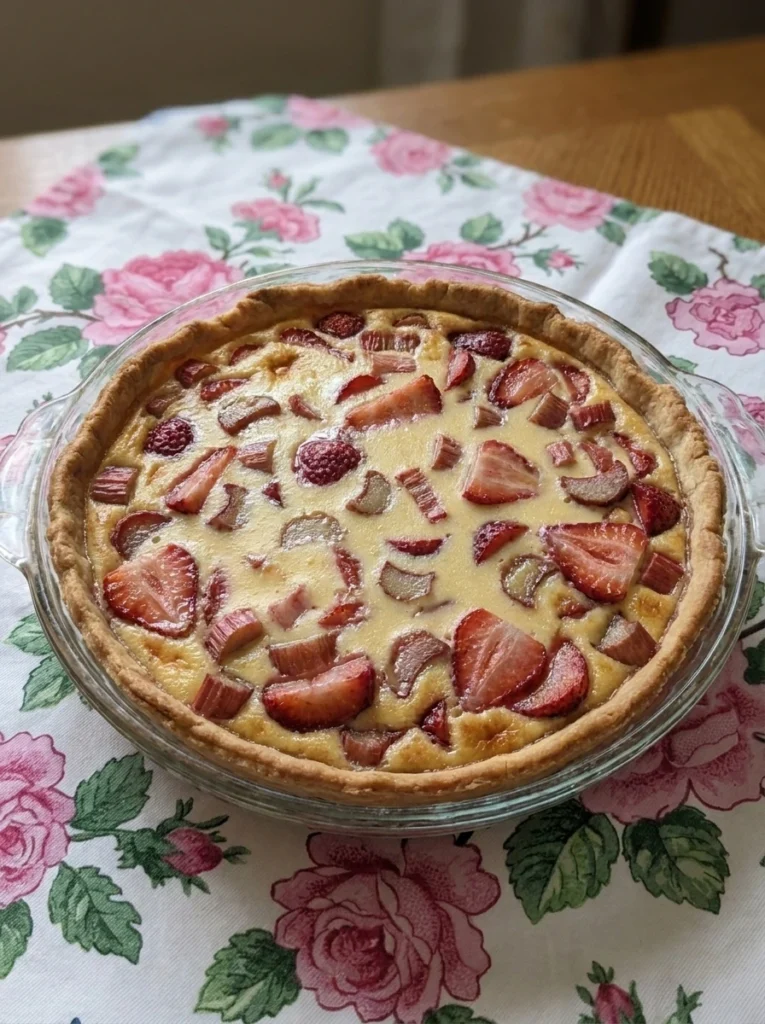 Strawberry Rhubarb Custard Pie baked until golden with creamy fruit filling.