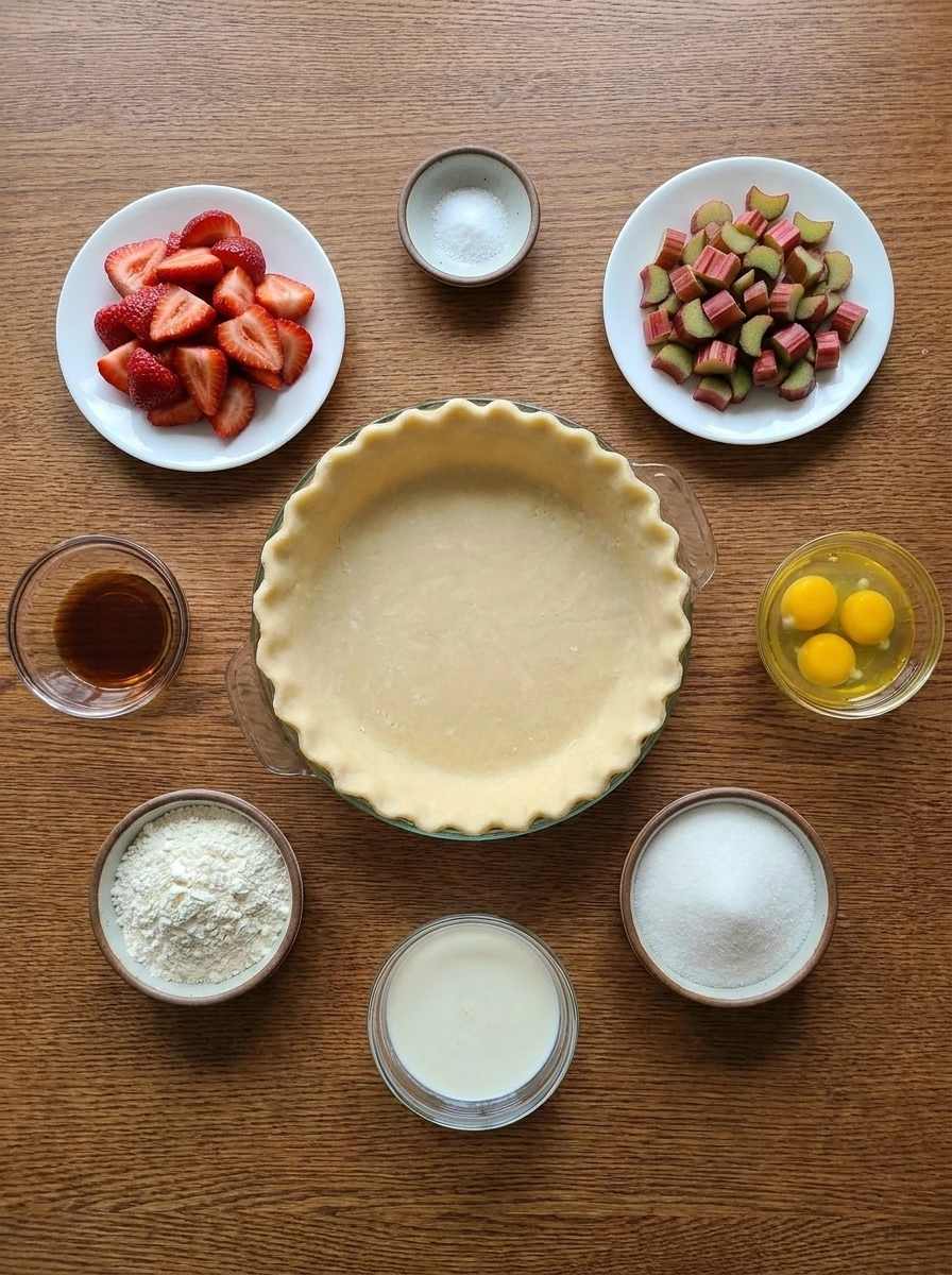 Ingredients for Strawberry Rhubarb Custard Pie arranged in separate containers.