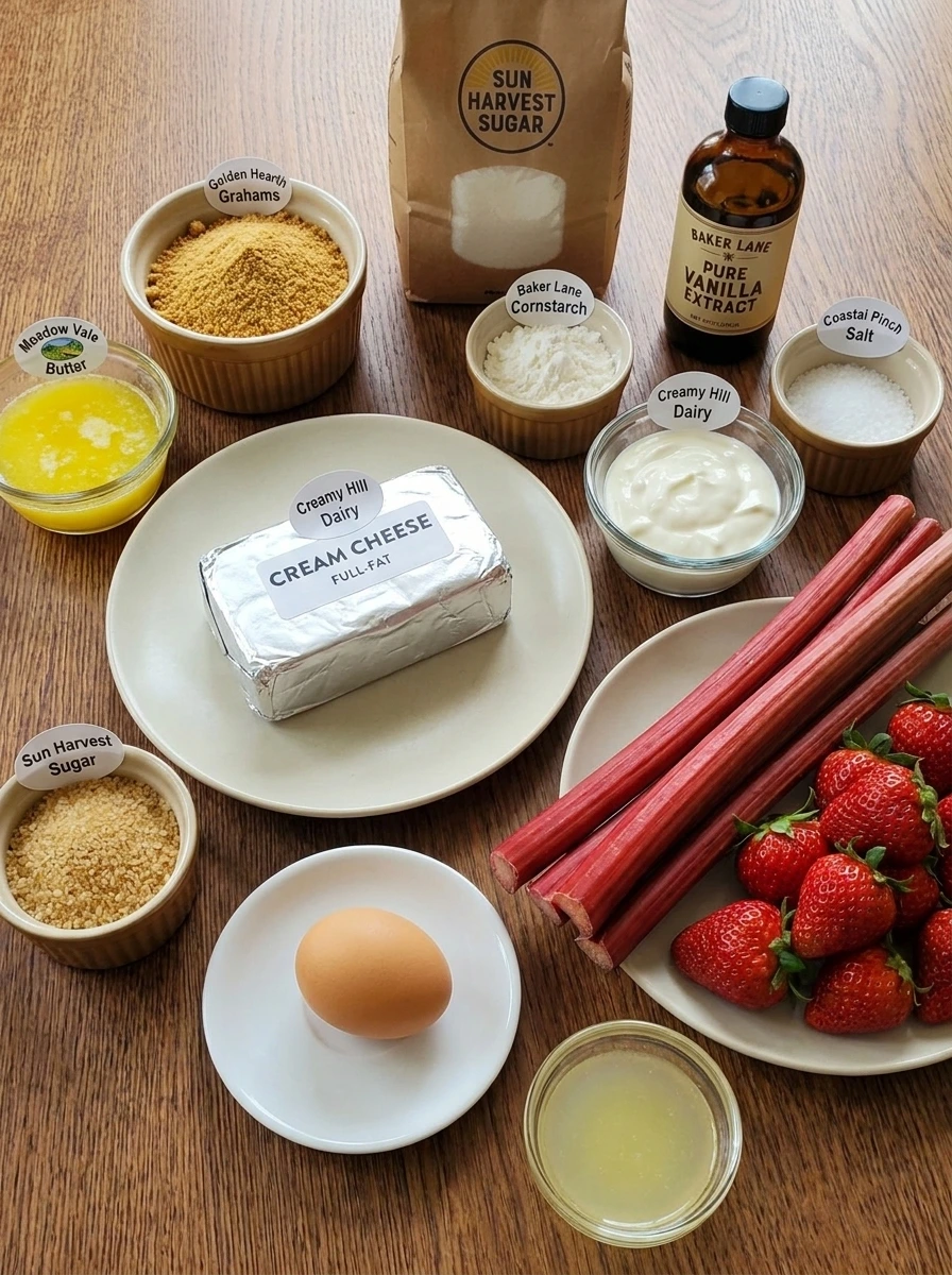 Ingredients for Strawberry Rhubarb Mini Cheesecakes arranged separately