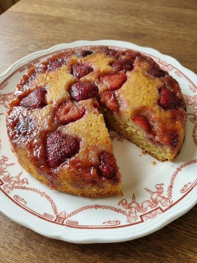 Strawberry Upside Down Cake on a white scalloped ceramic plate with glossy fruit and golden crumb