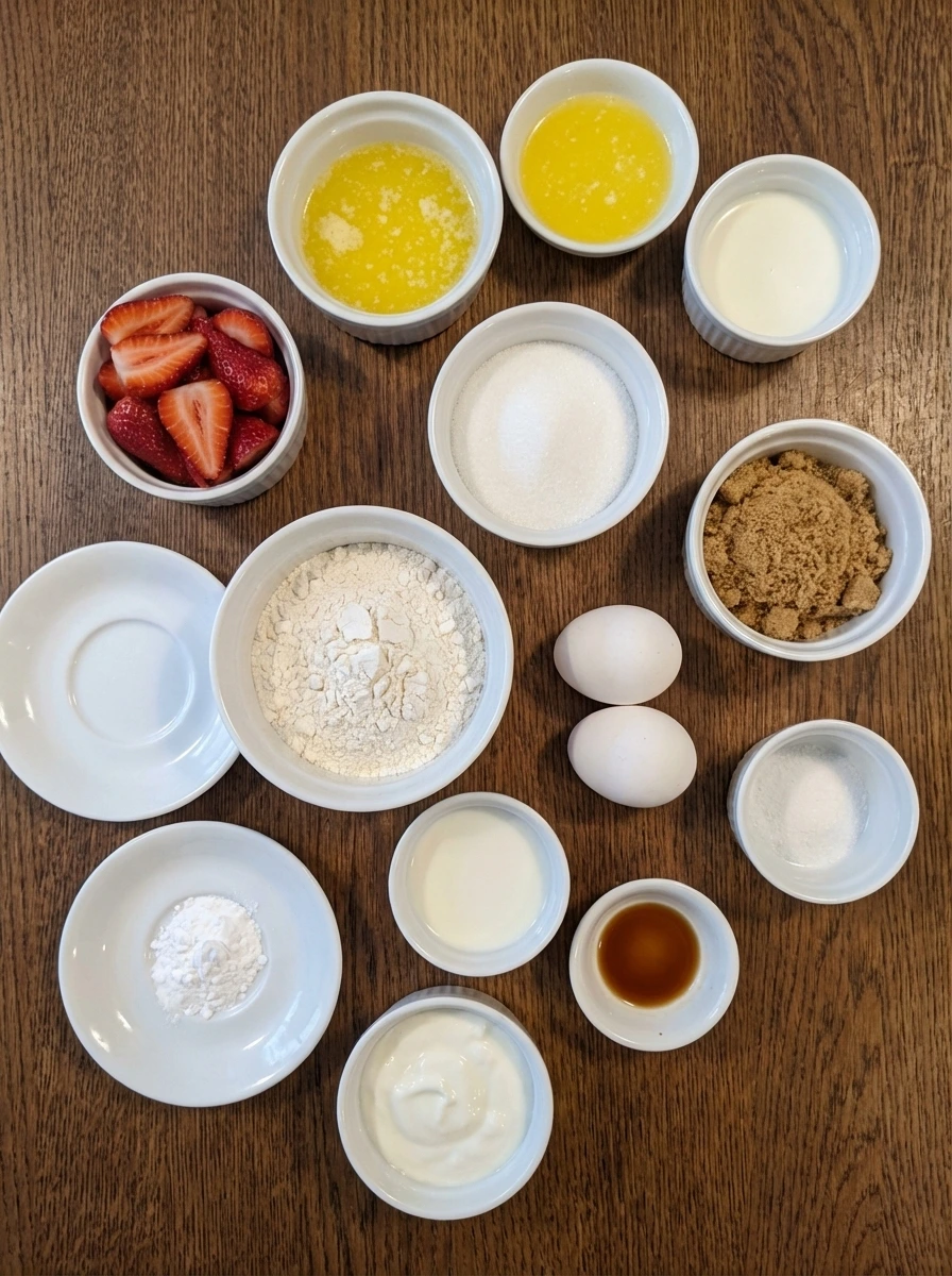 Raw ingredients for Strawberry Upside Down Cake in separate small white containers