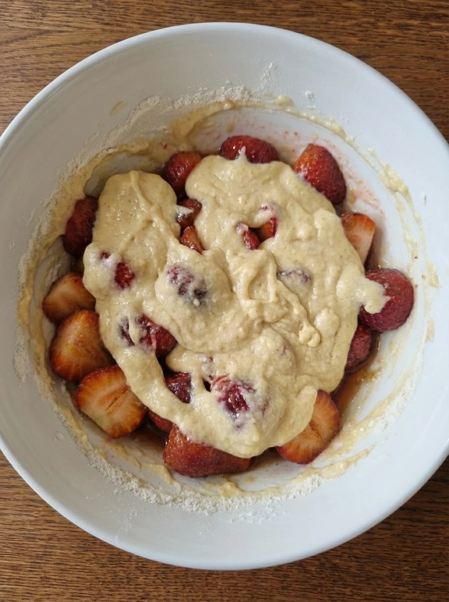 Batter folded over strawberries for Strawberry Upside Down Cake