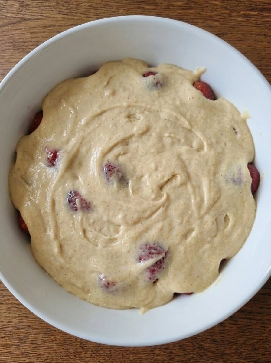Assembled unbaked Strawberry Upside Down Cake in a natural white dish