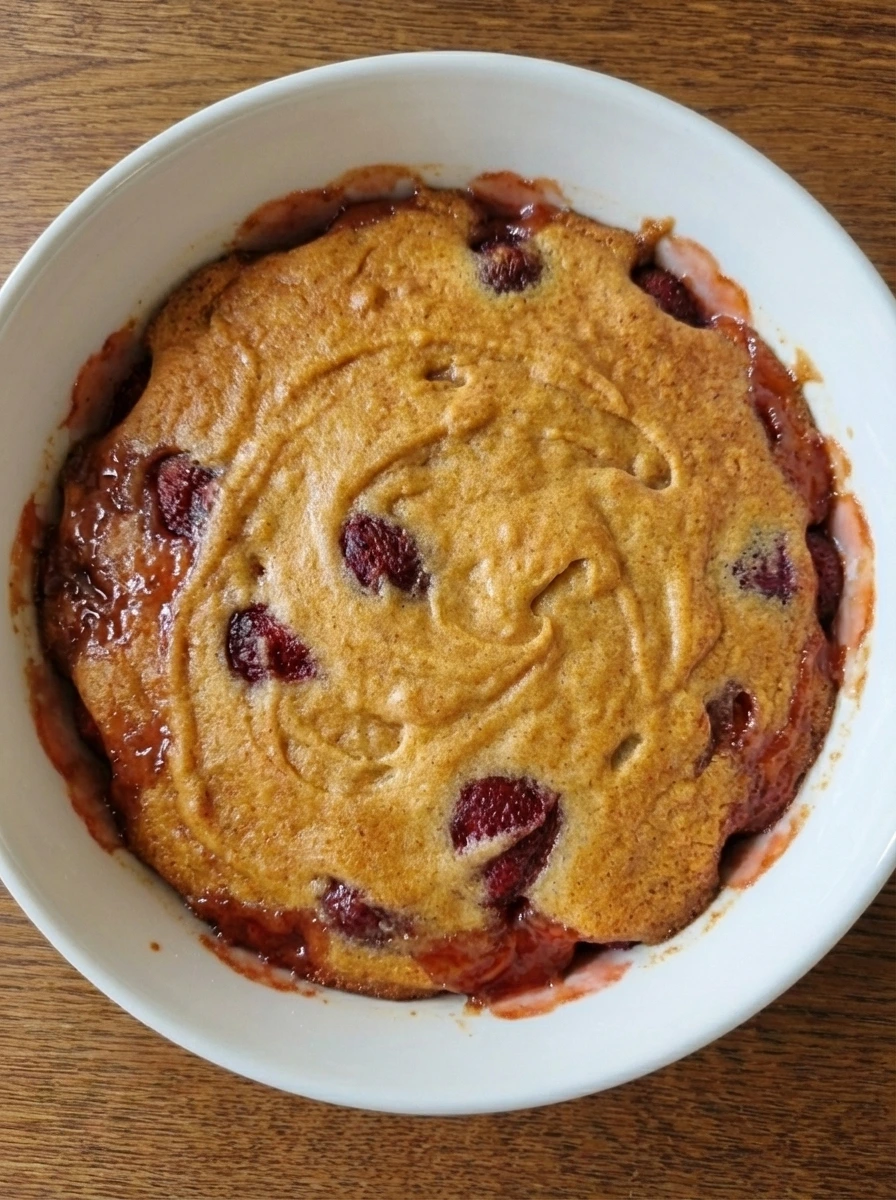 Baked Strawberry Upside Down Cake with golden top and slight browning