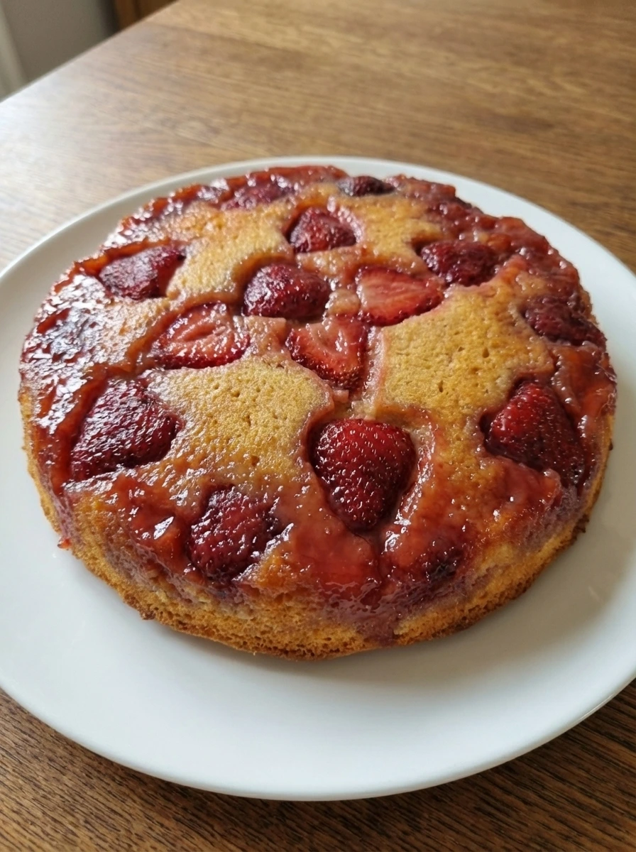 Plated Strawberry Upside Down Cake with glossy uneven strawberries and golden crumb