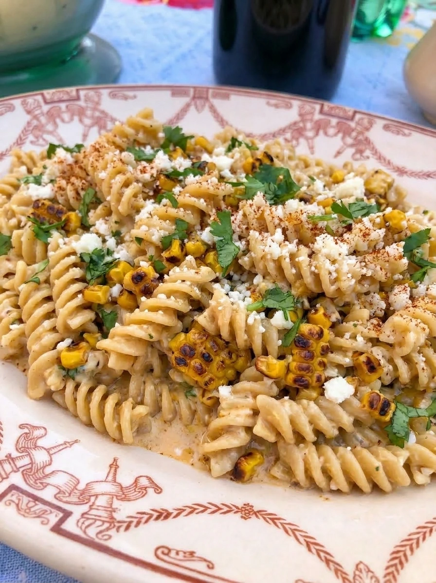 Street Corn Pasta Salad served on a white plate with charred corn cotija and cilantro.