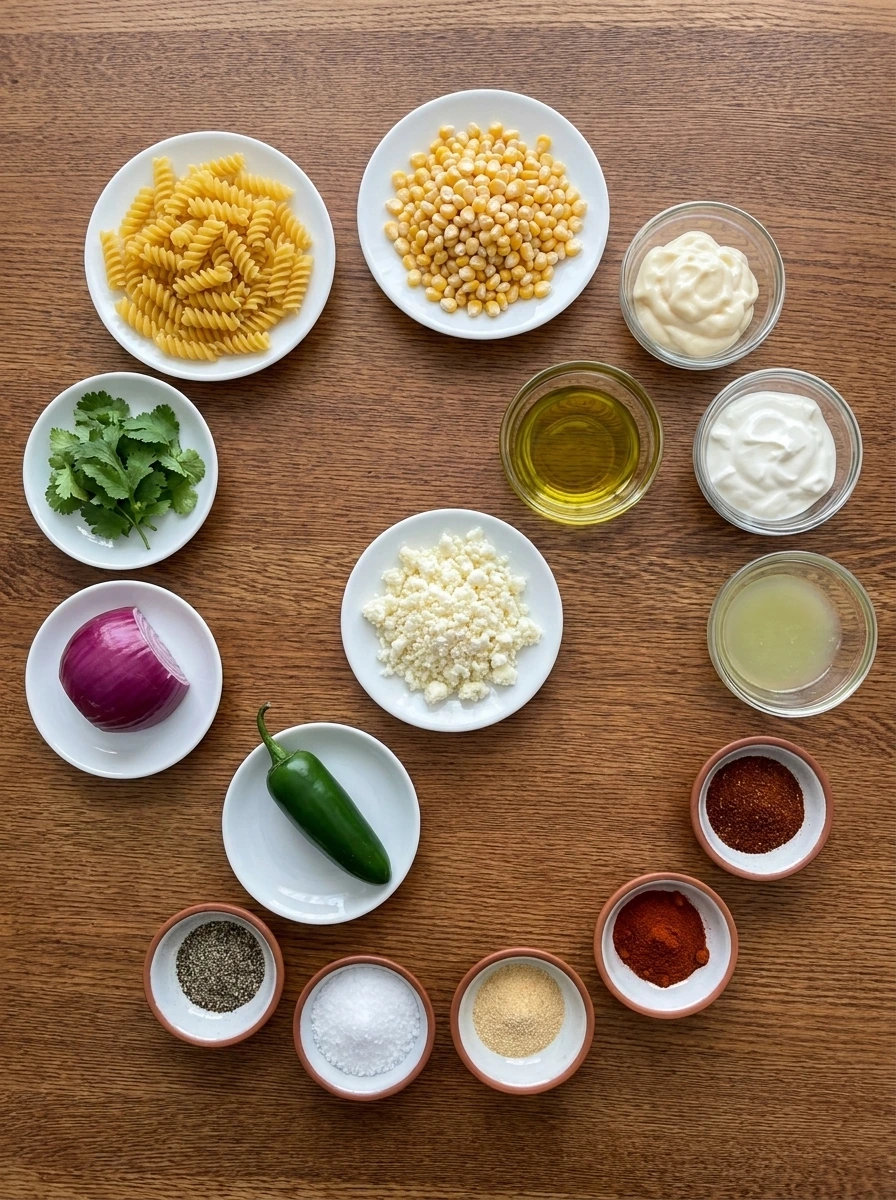 Measured ingredients for Street Corn Pasta Salad in separate small containers.