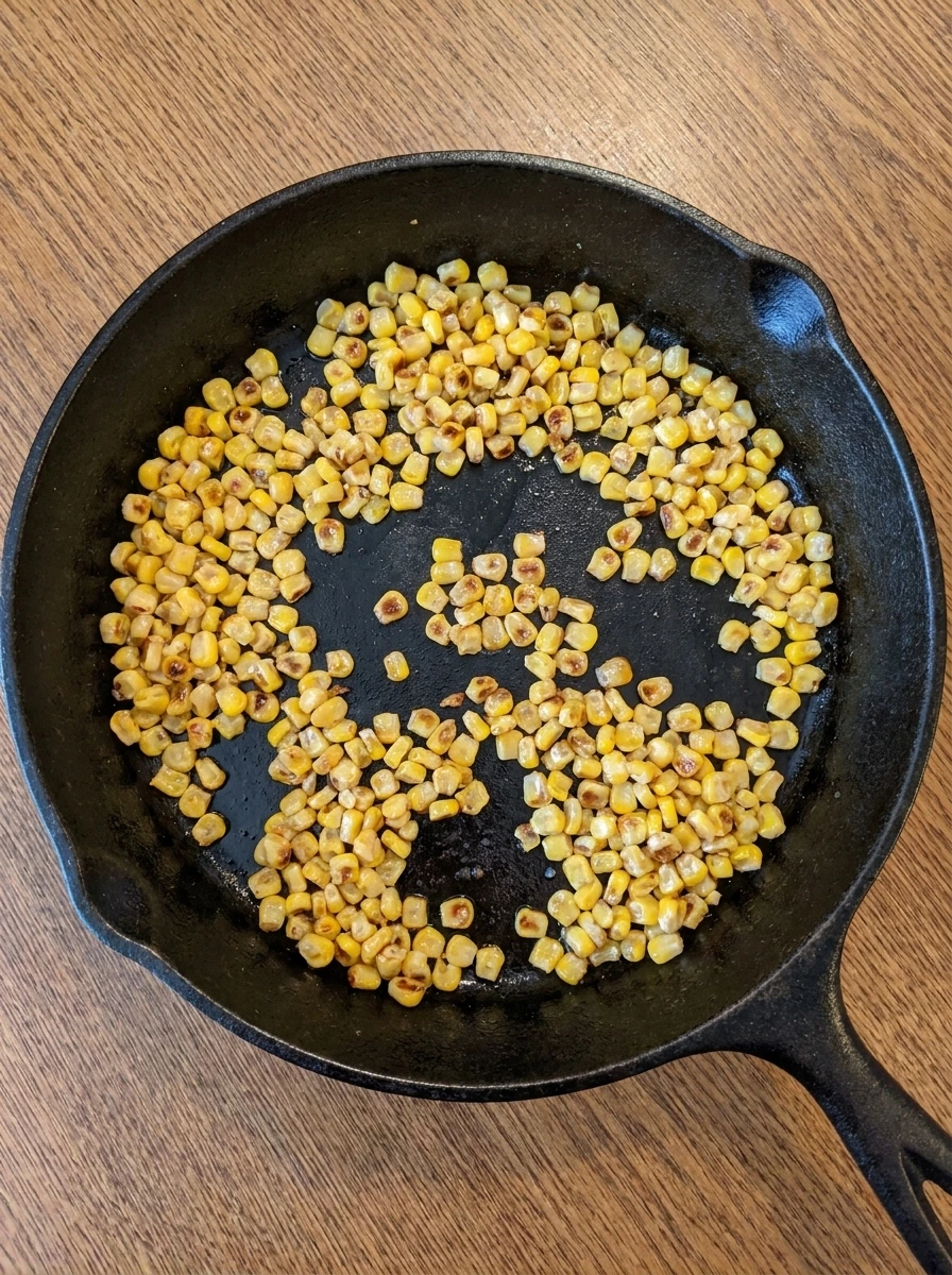 Corn kernels blistered and charred for Street Corn Pasta Salad.