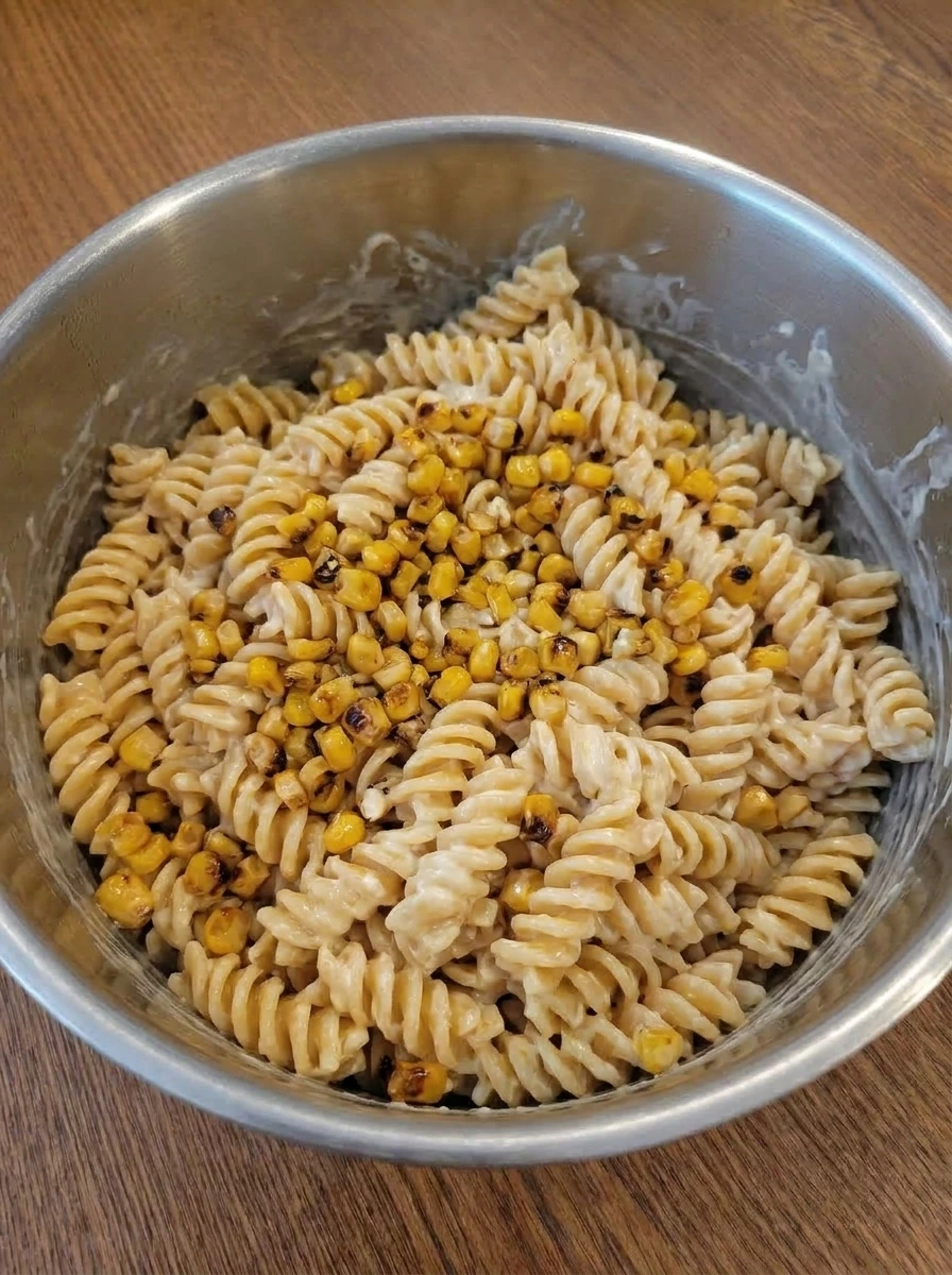 Pasta and charred corn folded into creamy dressing for Street Corn Pasta Salad.