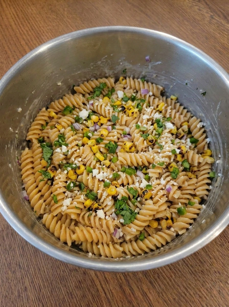 Fresh jalapeno red onion cilantro and cotija added to Street Corn Pasta Salad.