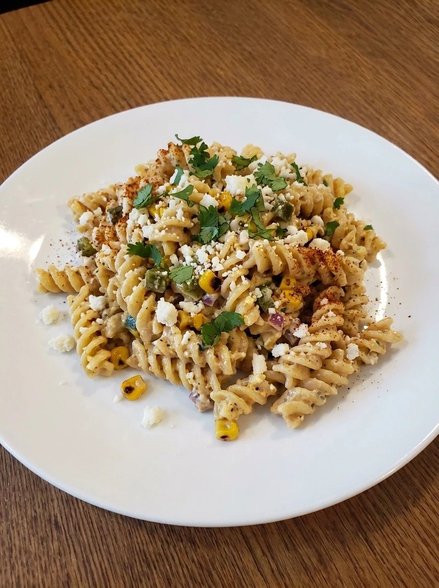 Plated Street Corn Pasta Salad finished with cotija and cilantro.