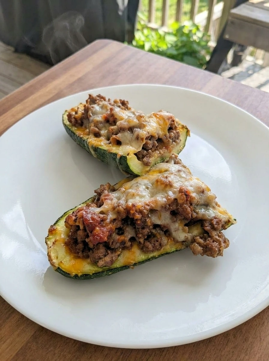 Stuffed zucchini boats with ground beef and melted cheese