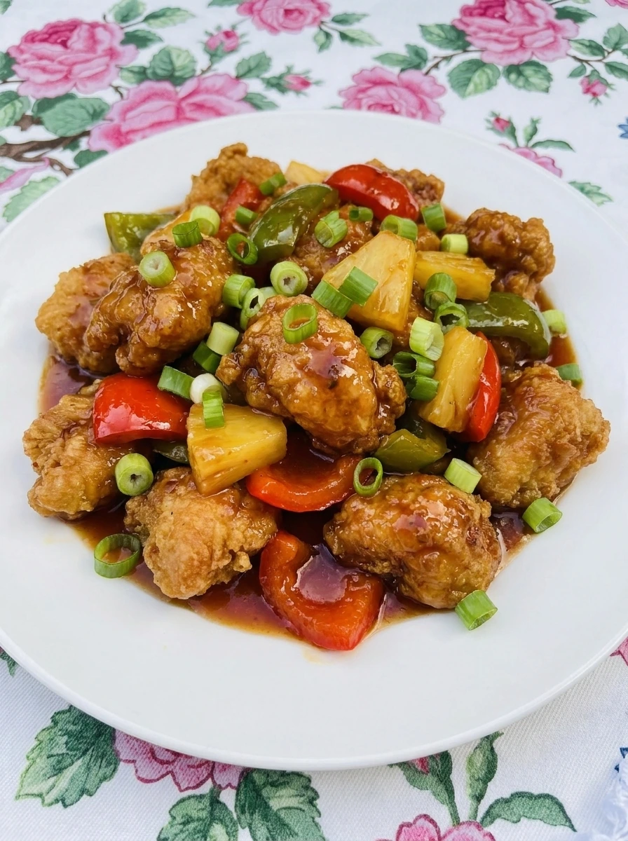 Homemade Sweet and Sour Chicken on a white plate with peppers pineapple and glossy sauce