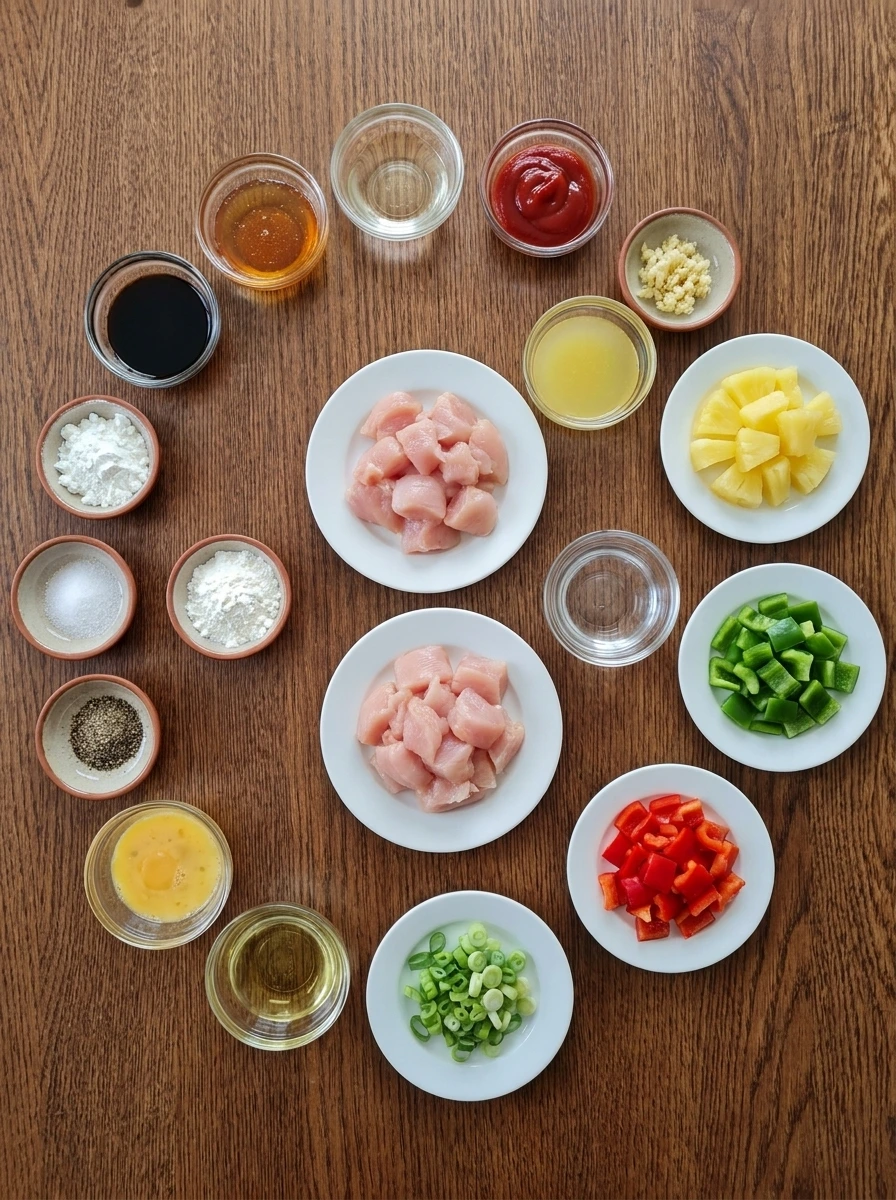 Ingredients for Sweet and Sour Chicken arranged in separate small containers