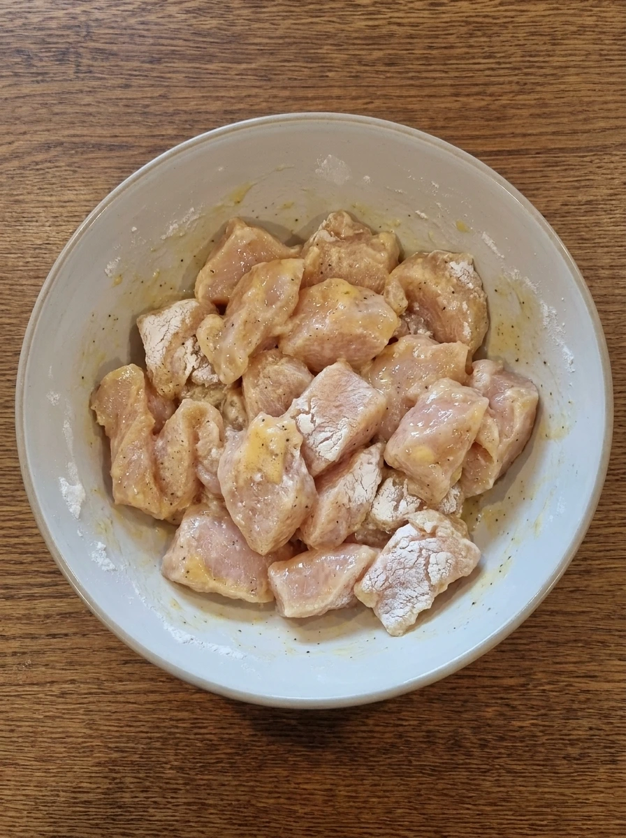 Chicken pieces coated with egg and cornstarch for Sweet and Sour Chicken