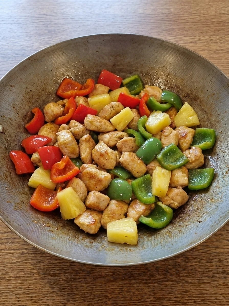 Chicken with peppers and pineapple added to the wok