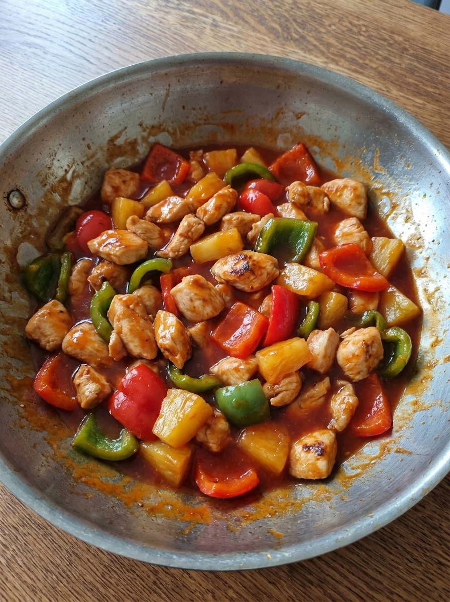 Sweet and Sour Chicken coated in thick glossy sauce