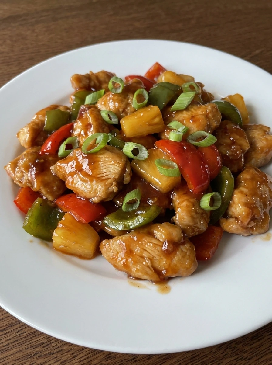 Served portion of Sweet and Sour Chicken with green onions