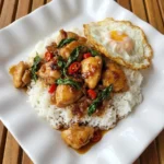 Thai Basil Chicken served over jasmine rice with basil leaves and red chilies.