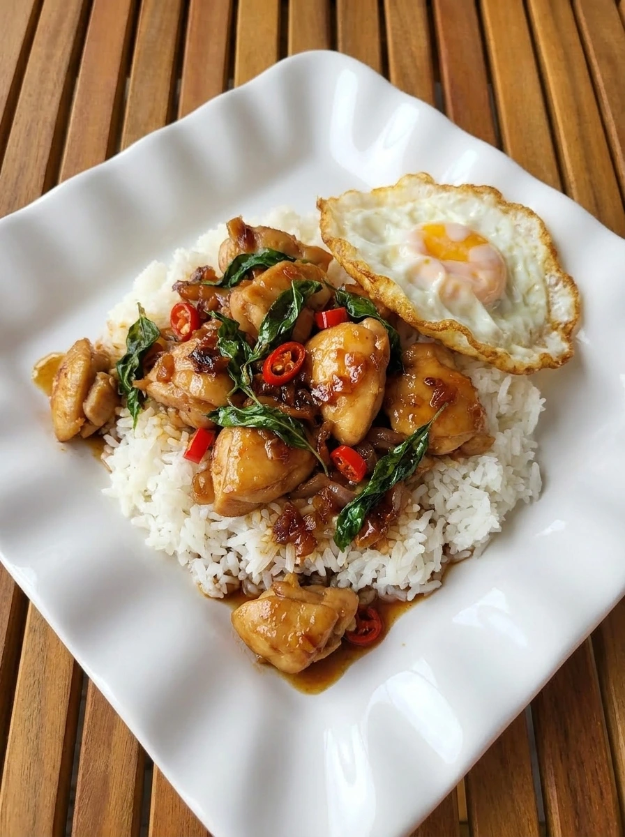 Thai Basil Chicken served over jasmine rice with basil leaves and red chilies.
