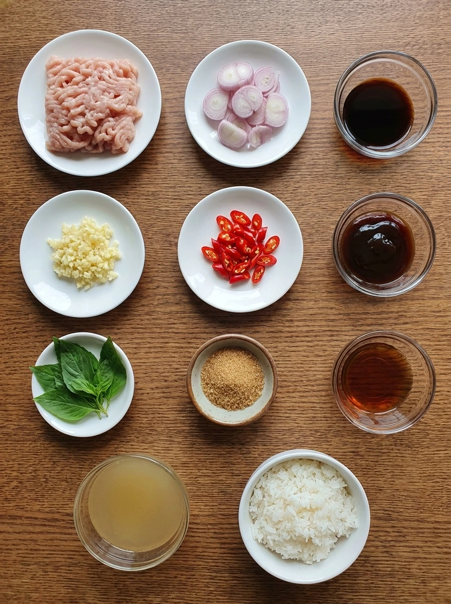 Raw ingredients for Thai Basil Chicken arranged in separate containers.