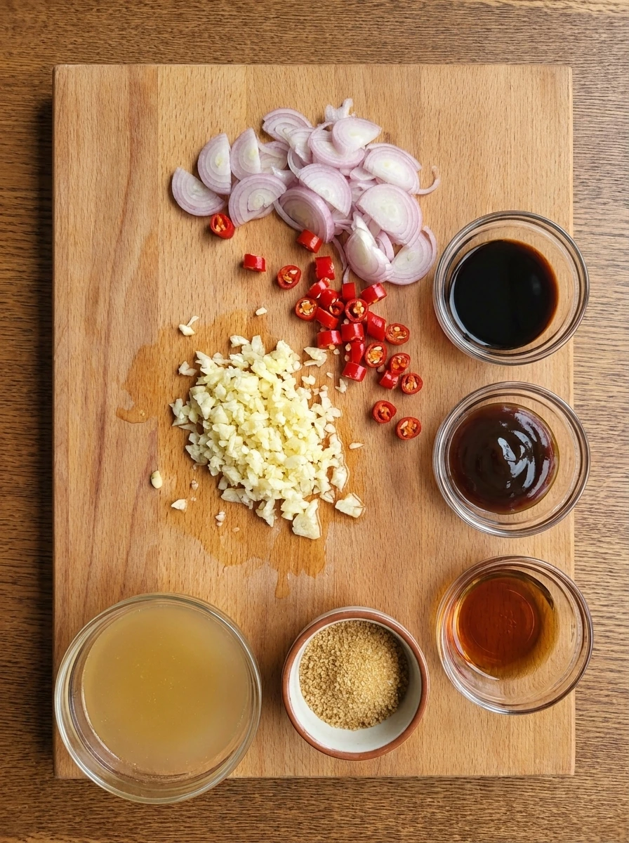 Sliced garlic chilies and shallot with sauce ingredients for Thai Basil Chicken.