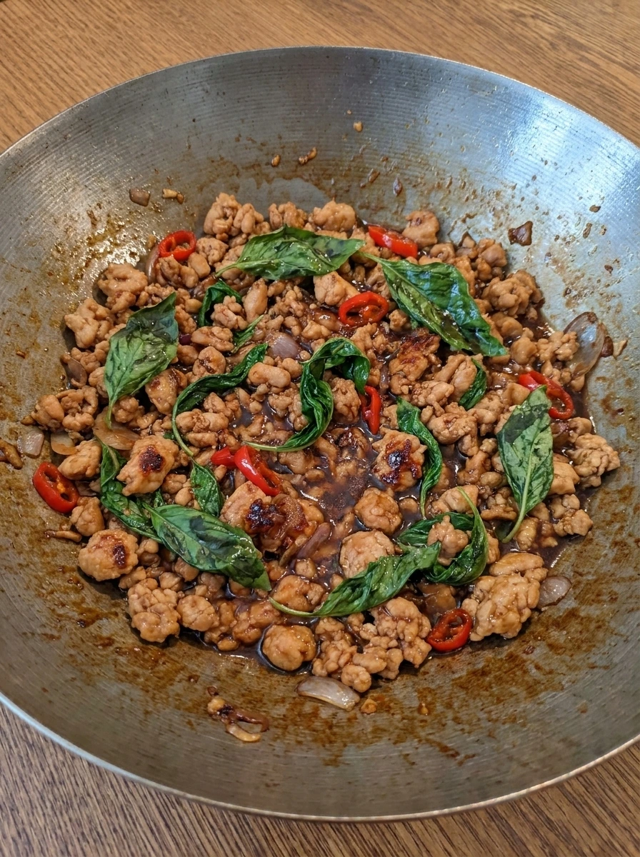 Thai Basil Chicken finished with wilted basil leaves.