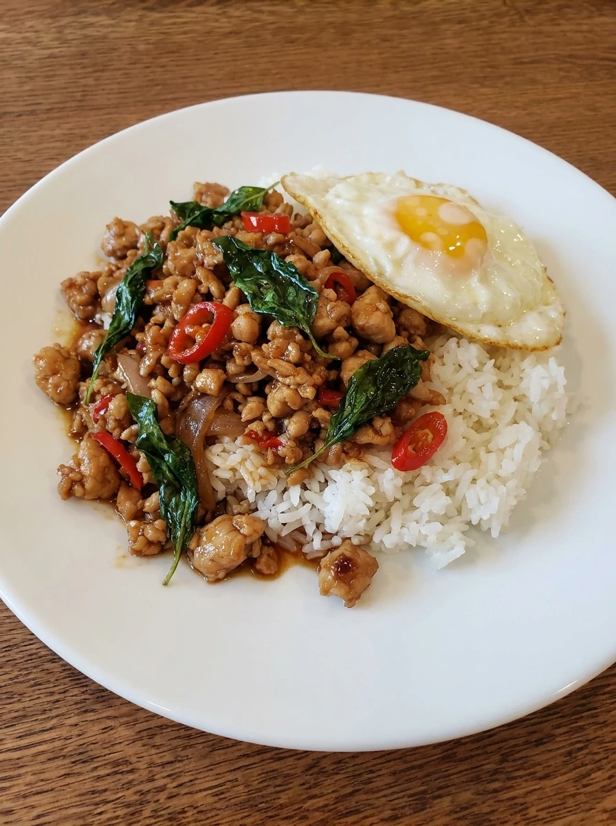 Plated Thai Basil Chicken over jasmine rice with basil and chilies.