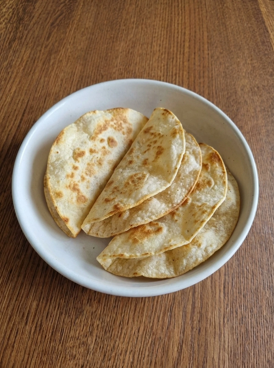 Toasted taco shells with light golden color on a white dish