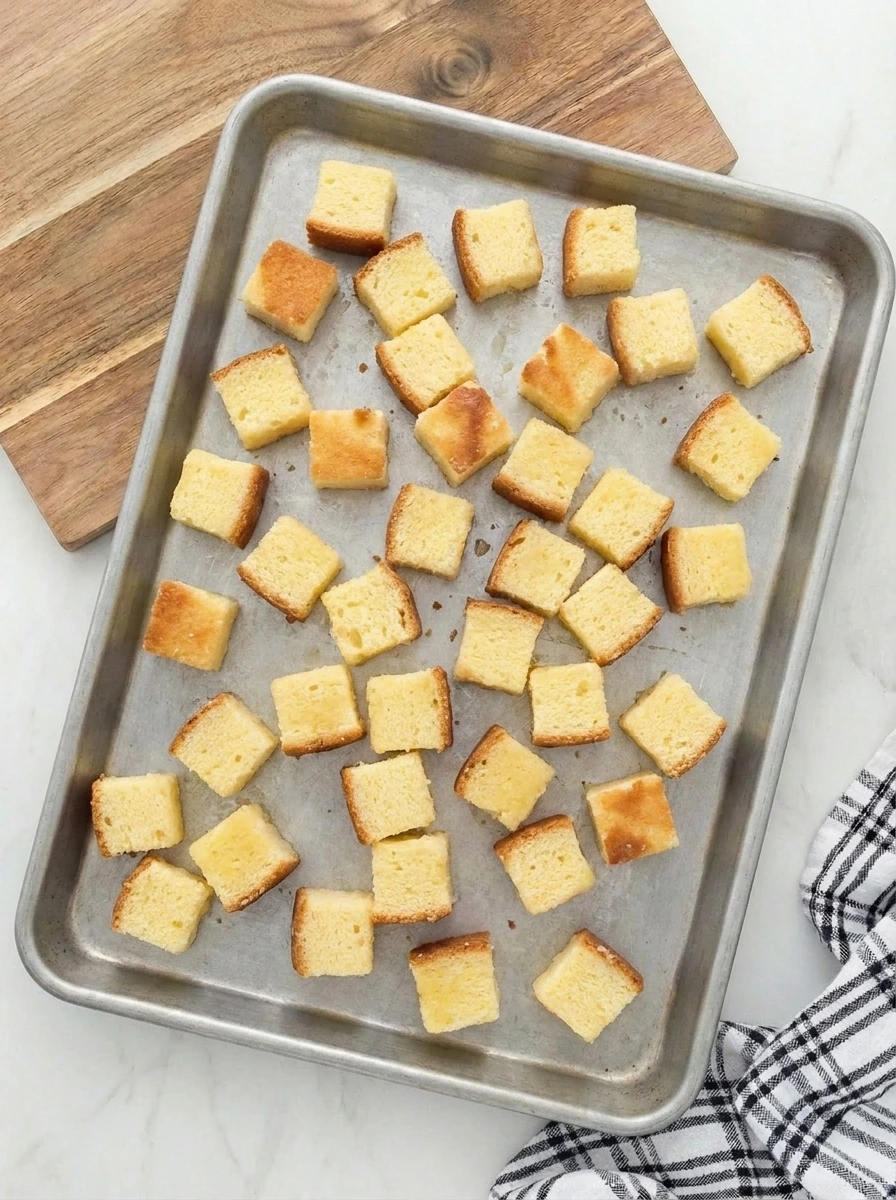 Toasted vanilla pound cake cubes with lightly golden edges.