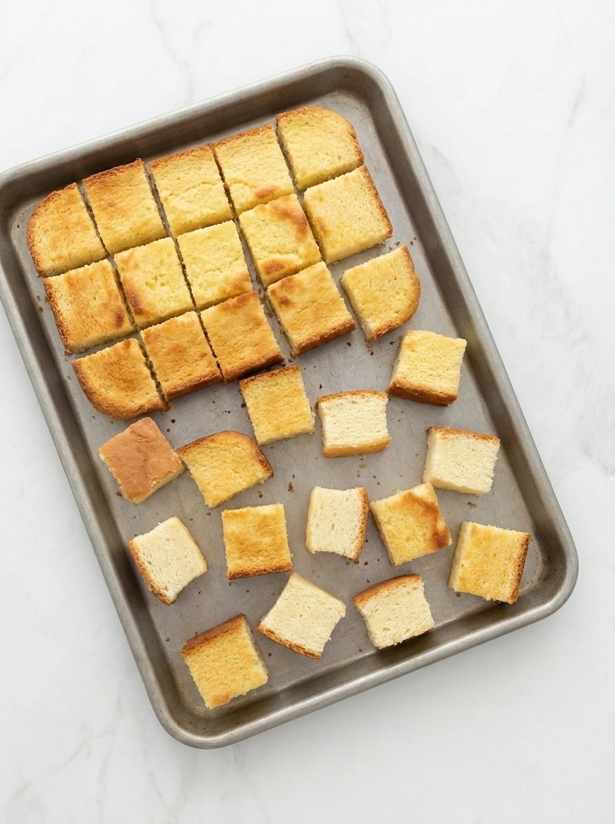 Toasted vanilla pound cake cubes for red white and blue trifle.