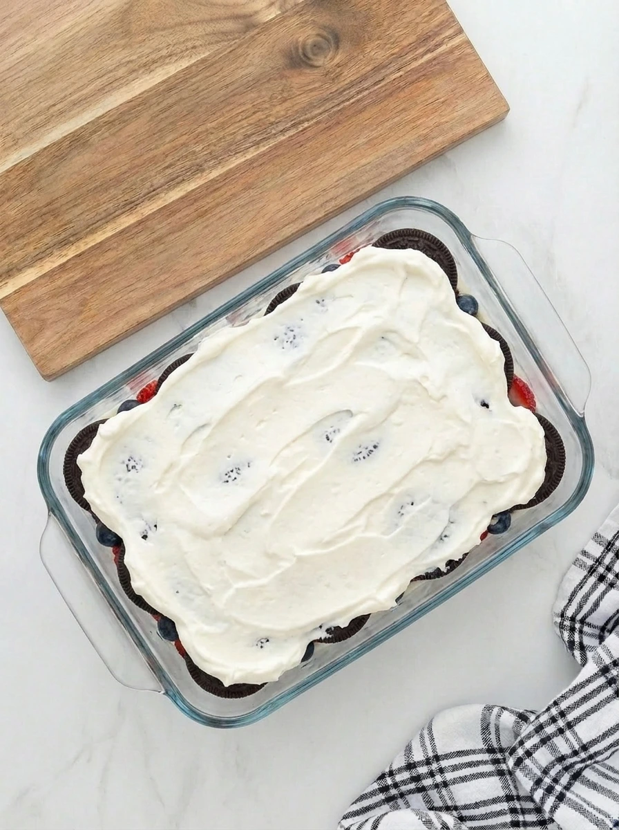 Top cream layer of Patriotic Oreo Icebox Cake.