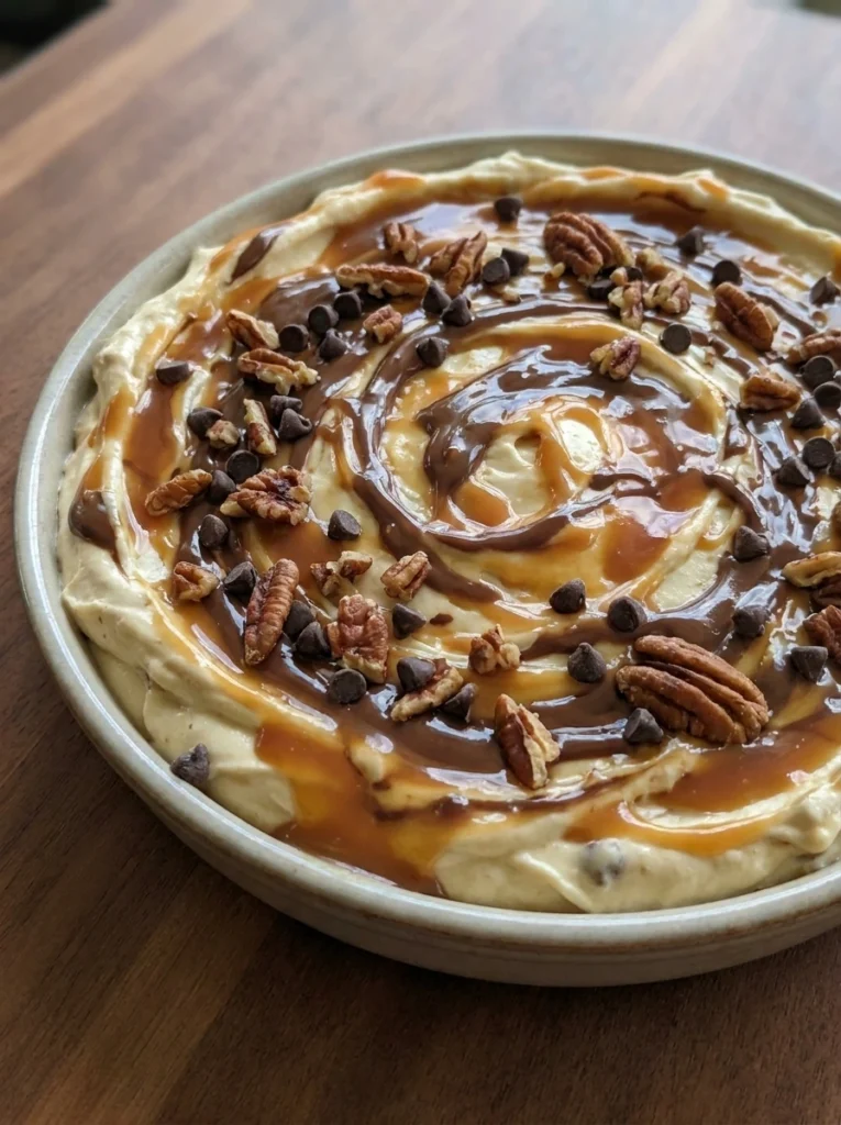 Turtle Cheesecake Dip in a white serving dish with caramel chocolate and pecans.