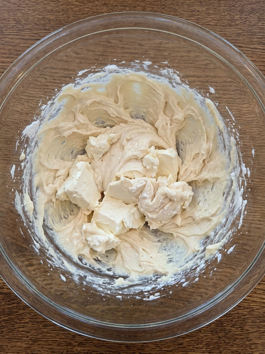 Cream cheese base mixed for Turtle Cheesecake Dip.