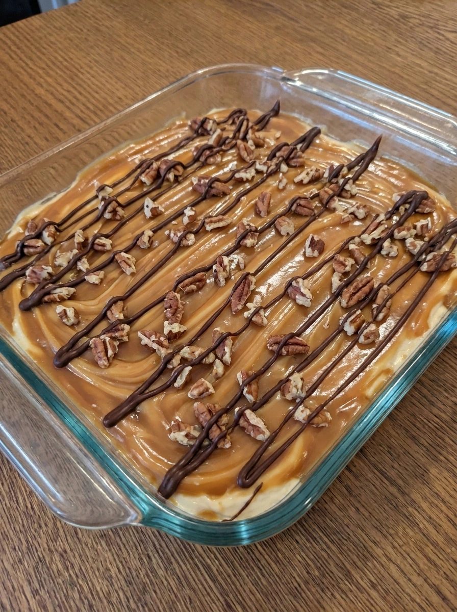 Pecans and chocolate drizzle added to Turtle Cheesecake Dip.