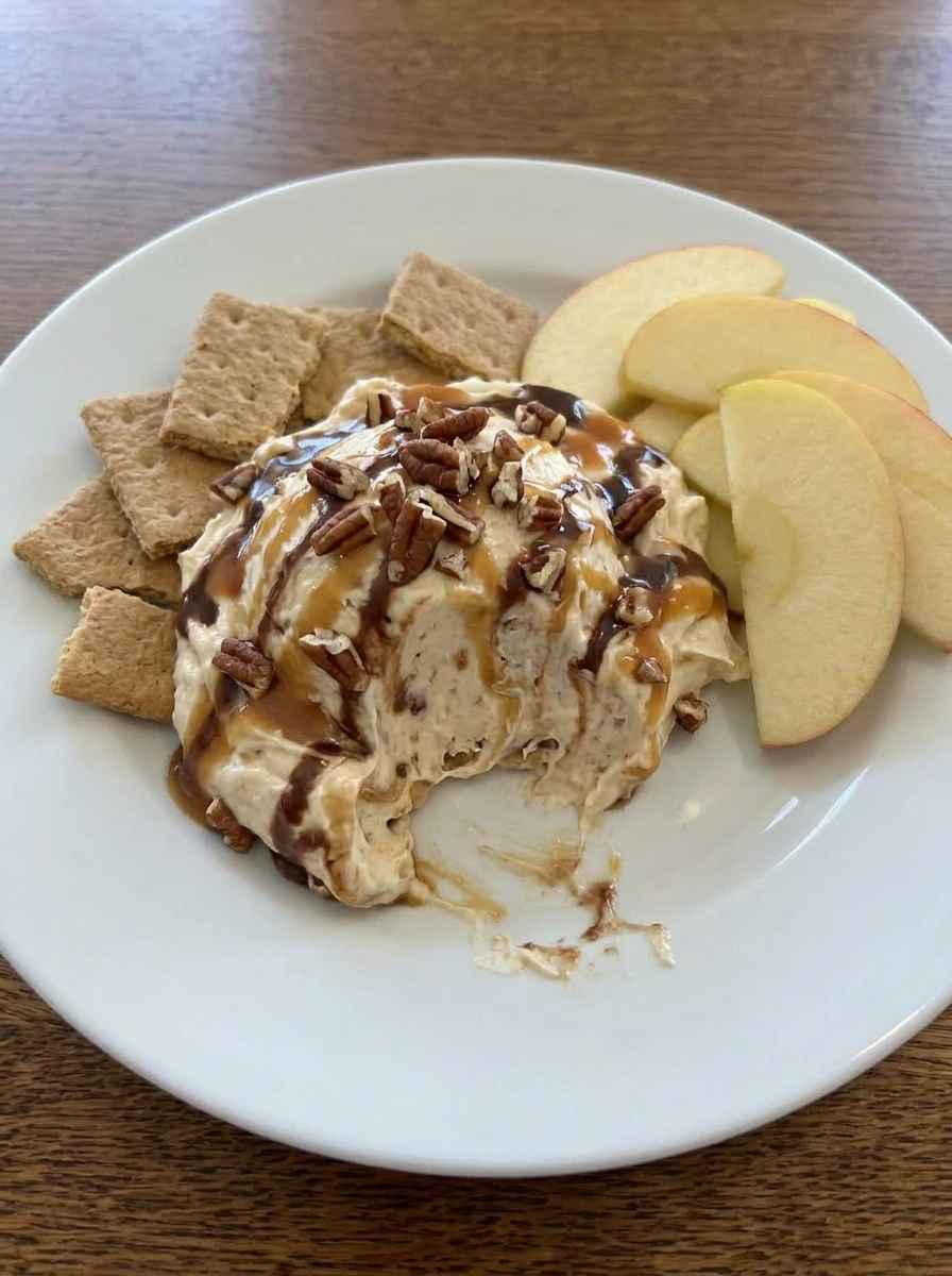 Served portion of Turtle Cheesecake Dip with caramel chocolate and pecans.