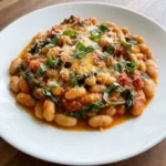 Tuscan White Bean Skillet with white beans tomatoes spinach Parmesan and basil served hot.