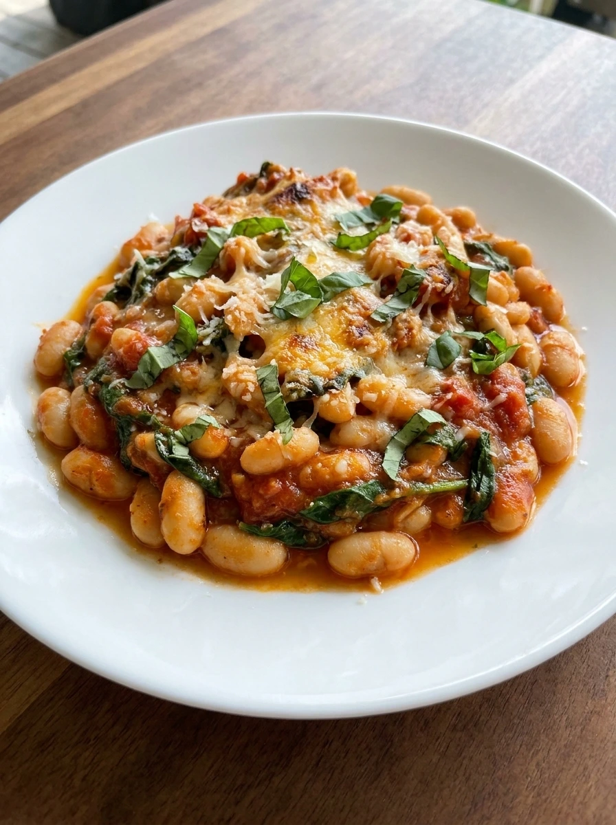 Tuscan White Bean Skillet with white beans tomatoes spinach Parmesan and basil served hot.