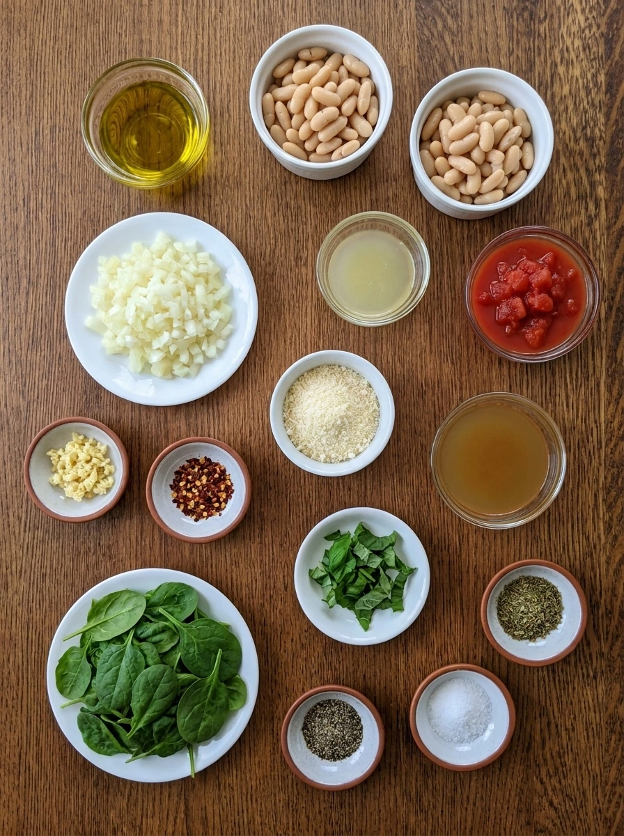 Measured ingredients for Tuscan White Bean Skillet arranged in separate containers.