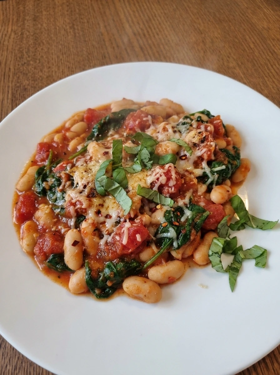Finished Tuscan White Bean Skillet plated with Parmesan and basil.
