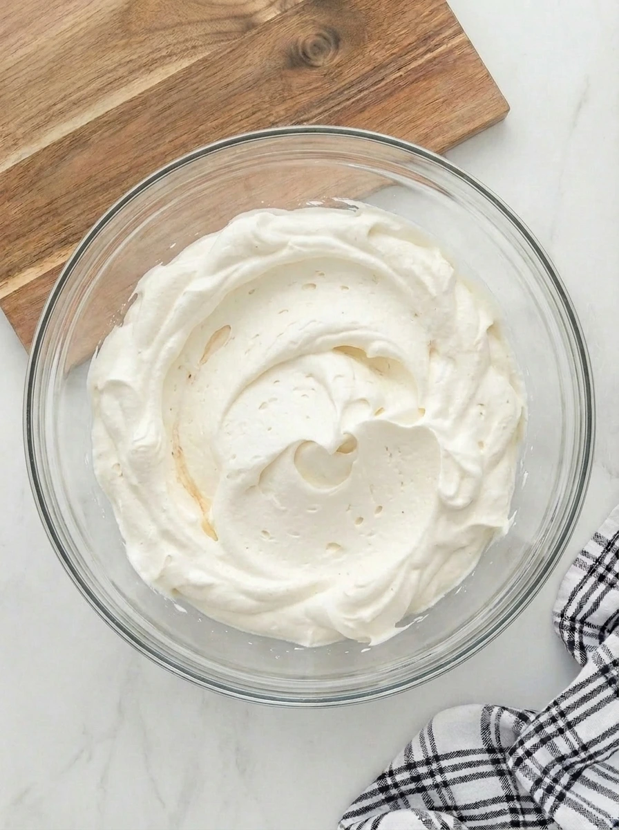 Soft vanilla whipped cream in a bowl with fluffy peaks.